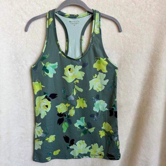 Athleta Tops - Athleta Olive Green Watercolor Rose Floral Racerback Athletic Tank Top Sz M